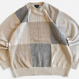 Dockers Men's Colorblock Patchwork Crewneck Sweater Tan Brown Gray Cream Knit